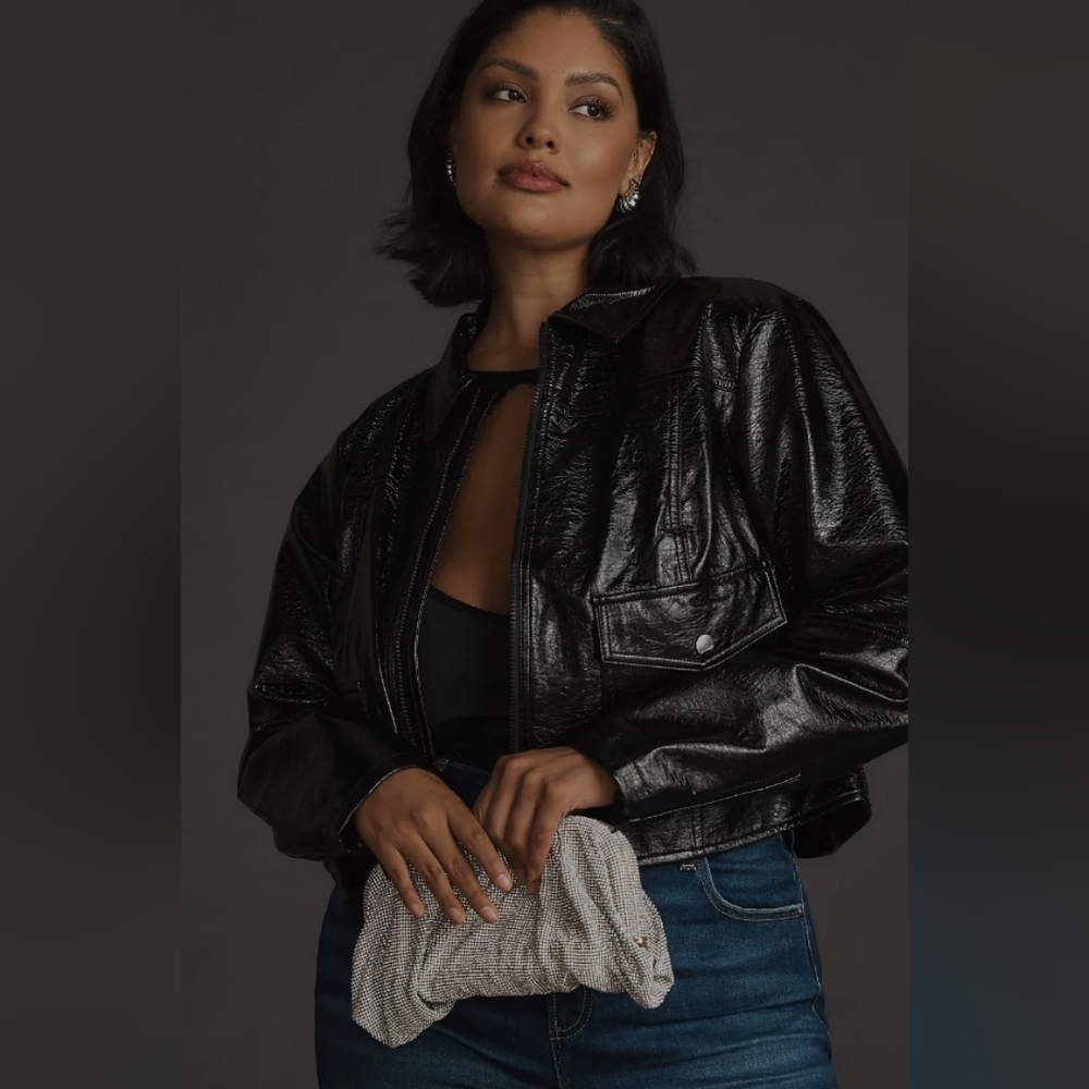 MAEVE By Anthropologie Crinkle Faux Leather Crop Moto Jacket Women's Size Large - Picture 2 of 4